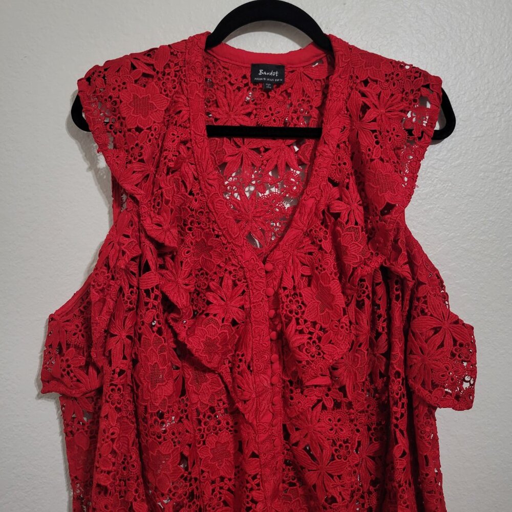 Bardot Red Lace Cold-Shoulder Ruffled Blouse - Picture 5 of 13